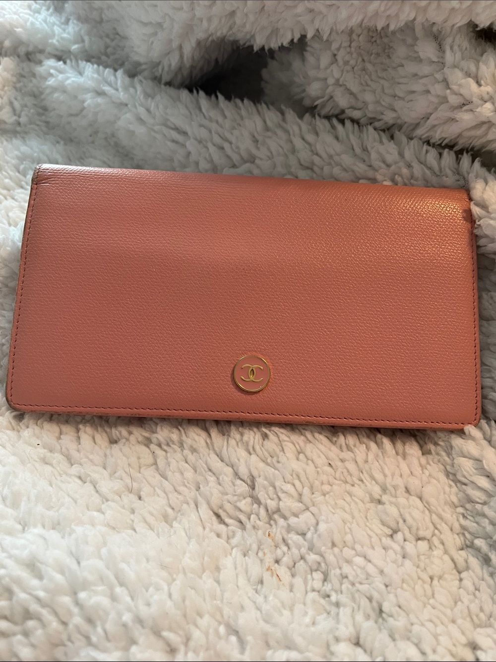 CHANEL Peach Pink Leather Long Wallet with Gold CC Emblem